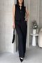 Women's Judge Collar Tank Top and Loose Wide Leg Pocket Pants Bottom-Top Suit Black