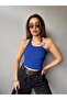 Women's Backless Buckle Detailed Sleeveless Crop Blouse Cobalt Blue - 4