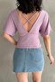 Women's Short Sleeve Double Breasted Collar Blouse with V-Cross Strap Detail on the Back, Lilac - 3