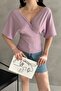 Women's Short Sleeve Double Breasted Collar Blouse with V-Cross Strap Detail on the Back, Lilac - 5