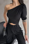 Women's Asymmetrical Collar One Shoulder Short Princess Sleeve Crop Blouse Black - 2