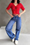 Women's Short Sleeve Front Tie Detail Crop Seersucker Blouse Red - 4