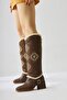 Hilka Brown, Bitter Brown Color Ethnic Patterned Women's Boots with Removable Heel, Women's Bootie-Women's Boots - 6