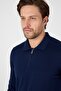 Navy Blue 100% Cotton Men's Half Zipper Polo Neck Knitwear Sweater - 6