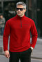 Men's Half Zipper Red Slim Fit Fleece Sweatshirt - 2