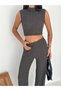 Women's Black High Collar and Sleeveless Crop Blouse with Elastic Waist Cut Pants Bottom Top Set - 7