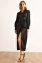Women's Black Side Tie Detailed Double Breasted Maxi Satin Dress Elb-19002538