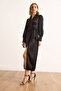 Women's Black Side Tie Detailed Double Breasted Maxi Satin Dress Elb-19002538 - 5