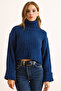Women's Navy Blue Turtleneck Soft Textured Ribbed Crop Sweater Kzk-19000983 - 3