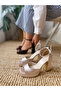 Women's Bella Beige Satin Platform Single Strap Open Toe High Thick Heeled Shoes - 5
