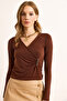 Women's Brown Double Breasted Collar Garnished Sandy Blouse Blz-19003098