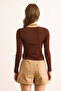 Women's Brown Double Breasted Collar Garnished Sandy Blouse Blz-19003098 - 6