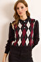 Women's Black Polo Neck Buttoned Diamond Pattern Knitwear Blouse Blz-19003095