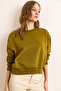 Women's Oil Green Shoulder Stone Detailed Unlined Thick Sweatshirt Swt-19000736 - 7