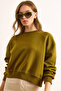 Women's Oil Green Double Interlock Sleeve Detailed Thick Sweatshirt Swt-19000735 - 5