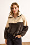 Women's Anthracite Ecru Zippered Color Block Plush Sweatshirt Swt-19000733 - 3