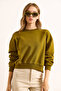 Women's Oil Green Double Interlock Sleeve Detailed Thick Sweatshirt Swt-19000735 - 3