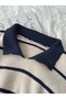 Ecru Navy Brioche Knit Polo Neck Oversized Knit Sweater, Women's Sweater - 4