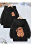 Girl-Boy Black Glasses Capybara Front-Back Printed Hooded Zippered Cardigan