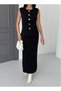 Women's Black Button Detailed Vest Long Skirt Bottom Top Knitwear Set