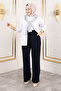High Waist Palazzo Pants with Velcro Closure Tsd250204 Navy Blue - 4