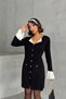 Women's Black Stylish Buttoned Elegant Mini Knit Dress with Sleeve and Neck Detail