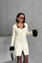 Women's Beige Stylish Buttoned Elegant Mini Knit Dress with Sleeve and Neck Detail - 6