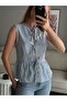 Front Tie Sleeveless Woven Blouse Blue - 4