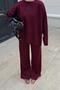 Burgundy Crew Neck Oversize Sweater-Pants Knit Women's Bottom-Top Set - 4