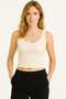 Ecru Slim Fit Cropped Tank Top with a Straight Round Neckline and Ribbed Camisole Style.