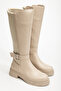 Women's Beige Cream Matte Leather Buckle Detailed Stretch Back Boots - 3