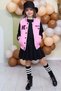 Girl's Button Detailed Cotton Pink College Jacket Velvet Skirt Set