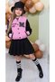 Girl's Button Detailed Cotton Pink College Jacket Velvet Skirt Set - 4