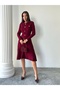 Women's Burgundy Stylish Gold Button Detailed Elegant Long Sleeve Knitwear Dress (Size S/M) - 6