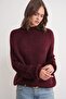 6700 Women's Stand Collar Balloon Knit Sweater Burgundy - 4