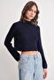 6855 Women's Stand Collar Braided Knit Sweater Navy Blue - 3