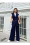 Gold Buttoned Waist Gathered Vest and Wide Leg Pants Knitwear Two-Piece Set 2619 - Navy Blue