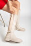 Women's Beige Leather Buckle Detailed Stretch Boots - 3
