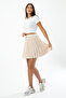 Cream Satin Elastic Waist Pleated Mini Skirt - 3