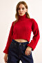 Women's Red Turtleneck Soft Textured Ribbed Crop Sweater Kzk-19000983 - 7