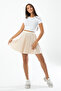 Cream Satin Elastic Waist Pleated Mini Skirt
