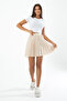 Cream Satin Elastic Waist Pleated Mini Skirt - 2