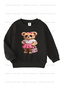 Black-Grey-Red Triple Crew Neck Girls' Sweatshirt with Fleece Inside, Teddy Bear and Donut Print - 6