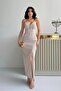 Beige Stone Strap Slit Midi Evening Dress