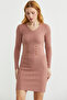 Button Detailed V-Neck Knitwear Dress - Rose - 3