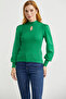 High Neck Balloon Sleeve Knit Sweater - Green
