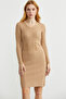 Button Detailed V-Neck Knitwear Dress - Camel - 4