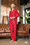 Women's Pajama Set with Paw Print Pattern, Buttoned, Long Sleeve, Red Color, Pocket Detail, Suede - 5