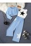 Shop Girls Star Printed Croplu Children's Top and Bottom 3-Piece Set Blue