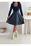 Women's Navy Blue Color Square Neck Long Sleeve Skirt Leather Kilos Dress - 2